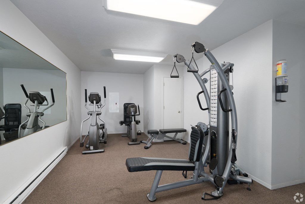 a gym with exercise machines and a mirror