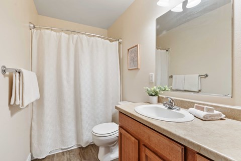 a bathroom with a white shower curtain and a sink and a toilet
