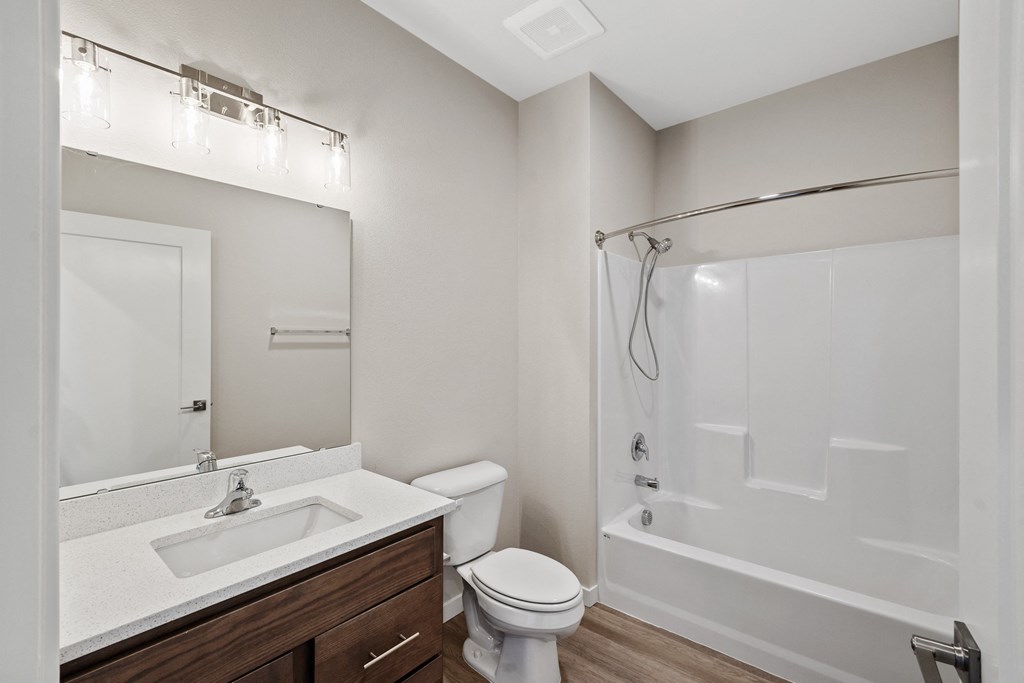 a bathroom with a shower toilet and sink and a mirror