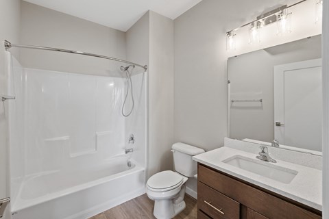 a bathroom with a shower toilet and sink and a mirror