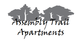 the logo for assembly trail apartments with silhouettes of trees