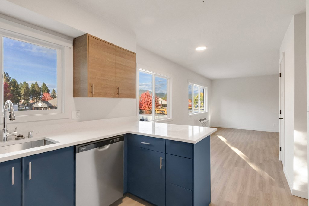 a kitchen with blue cabinets and a sink and a window