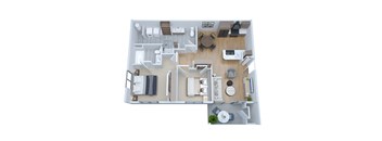 a stylized floor plan with a bedroom and living room