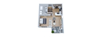 a stylized floor plan of a studio apartment