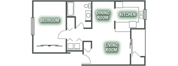 A floor plan of a house with a bedroom, a living room, a dining room, and a kitchen.