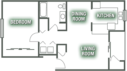 A floor plan of a house with a bedroom, a living room, a dining room, and a kitchen.
