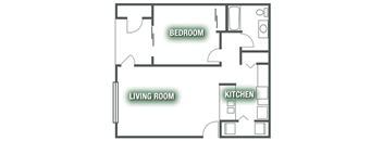 A floor plan of a room with a bedroom, living room, and kitchen.