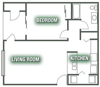 A floor plan of a room with a bedroom, living room, and kitchen.
