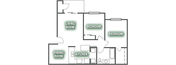 A floor plan of a house with a living room, two bedrooms, a kitchen, and a dining room.