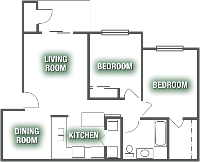 A floor plan of a house with a living room, two bedrooms, a kitchen, and a dining room.