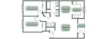 A floor plan of a house with two bedrooms, a living room, a dining room, a kitchen, and a porch.