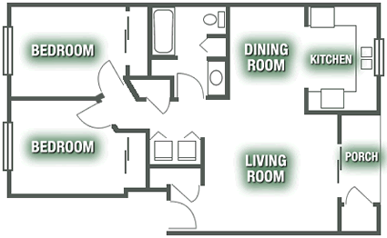 A floor plan of a house with two bedrooms, a living room, a dining room, a kitchen, and a porch.