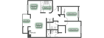 A floor plan of a house with a dining room, kitchen, living room, two bedrooms, a porch, and a fireplace.