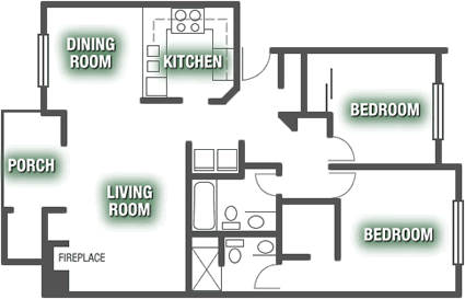 A floor plan of a house with a dining room, kitchen, living room, two bedrooms, a porch, and a fireplace.