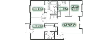 A floor plan of a house with two bedrooms, a living room, a kitchen, and a dining room.