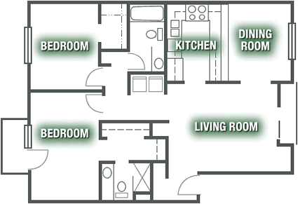 A floor plan of a house with two bedrooms, a living room, a kitchen, and a dining room.