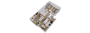 A 3D image of a house layout with a kitchen, living room, and bedrooms.
