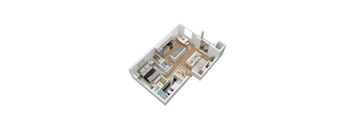 A 3D floor plan of a house with a kitchen, living room, and two bedrooms.