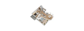 A 3D floor plan of a house with a kitchen, living room, dining room, and bathroom.