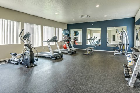 A spacious gym with a variety of equipment including treadmills, elliptical machines, and weight machines.