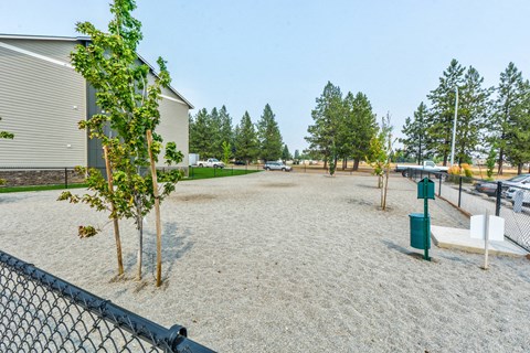 A sandy area with a fence, a tree, and a bench.