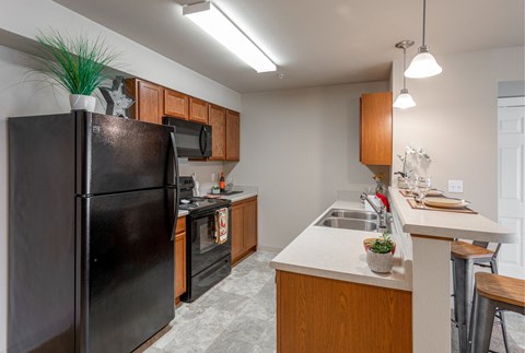 A black refrigerator stands in a kitchen with wooden cabinets and a white countertop.