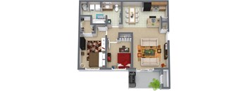 A top-down view of a small apartment with a kitchen, living room, and bedroom.