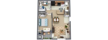 A top-down view of a small apartment with a kitchen, living room, and bathroom.