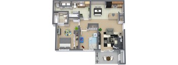 A 3D floor plan of a house with a kitchen, living room, and bathroom.
