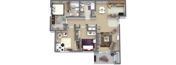 A 3D floor plan of a house with multiple rooms and furniture.