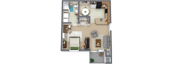 A top-down view of a small apartment with a kitchen, living room, and bathroom.