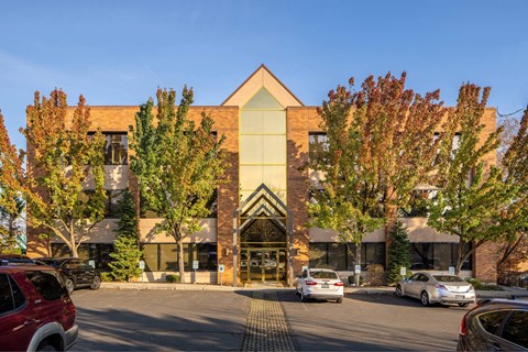 A building with a large glass entrance and a green tree in front.