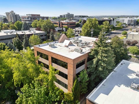 A building with a flat roof surrounded by trees.