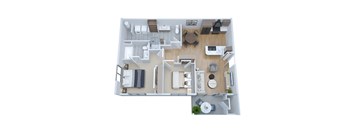 A floor plan of a house with a kitchen, living room, and two bedrooms.