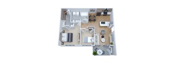 A top-down view of a small, neatly organized apartment.