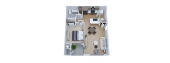 A top-down view of a small, neatly organized apartment with a living area, kitchen, and bedroom.