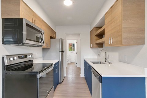 A kitchen with a black oven and blue cabinets.