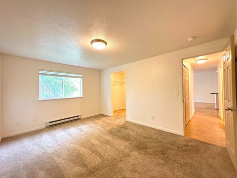 A room with a window and a carpeted floor.