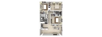 A 3D floor plan of a small apartment with a kitchen, living room, and bathroom.