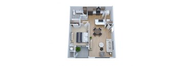 A top-down view of a small, neatly organized apartment with a living area, kitchen, and bedroom.