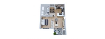 A top-down view of a small apartment with a kitchen, living room, and bathroom.
