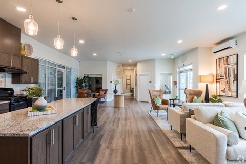 A modern kitchen with a long island and a living room with a couch.