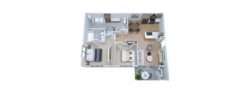 a stylized floor plan with a bedroom and living room