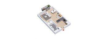 A 3D floor plan of a house with a kitchen, living room, and bathroom.