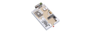 A 3D floor plan of a house with a balcony and a red arrow pointing to a specific area.