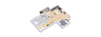 A 3D floor plan of a house with a kitchen, living room, and two bedrooms.