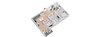 A 3D floor plan of a house with a kitchen, living room, and two bedrooms.