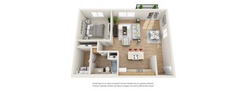 A 3D rendered image of a modern apartment layout.