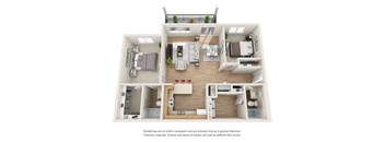 A floor plan of a small apartment with a kitchen, living room, and two bedrooms.