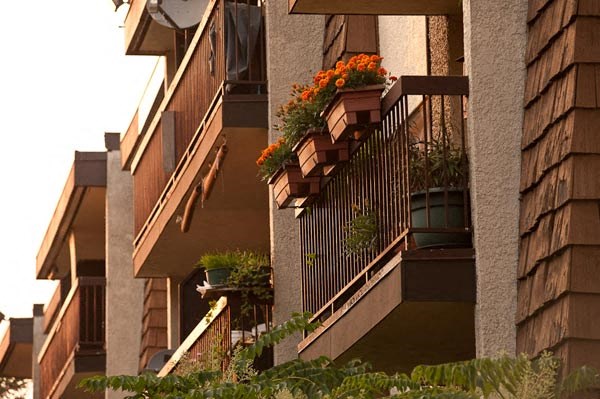 an apartment building with a balcony full of flowers